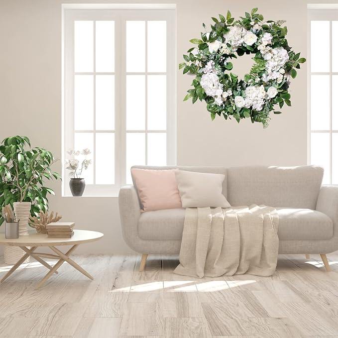 24 Inch Spring Summer Wreaths for Front Door, Spring Wreath,Summer Door Wreaths Outside,Large Floral Flowers Wreath with White Hydrangea for All Seasons Indoor Outdoor Home Decor