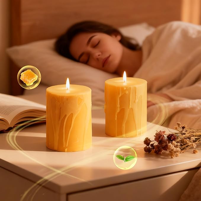 3x4inch Natural Beeswax Pillar Candles Set of 4, Dripping Wax Modeling Pure Beeswax Candles with 240 Hours Long Burning, Dripless Smokeless Organic Pillar Candles for Home Decor, Emergency, Prayer