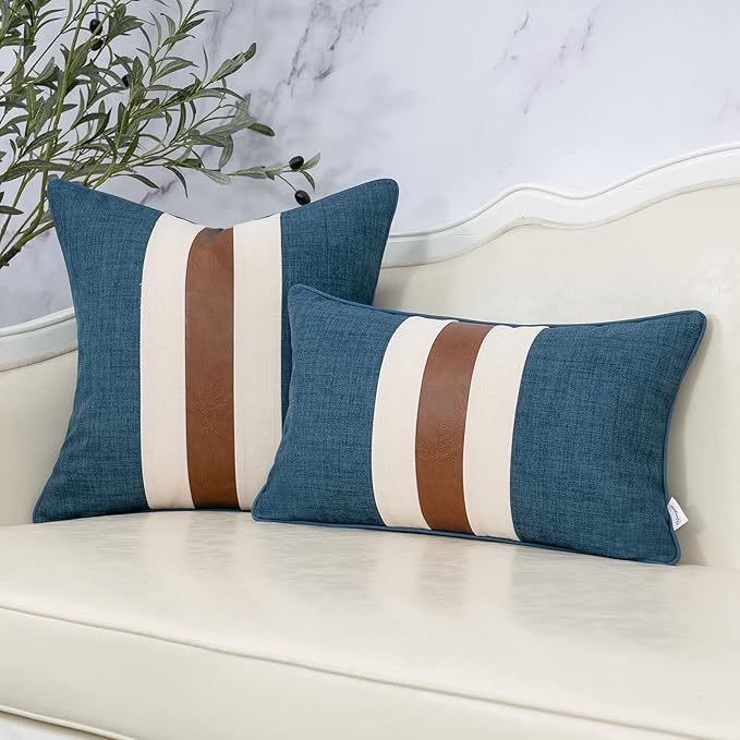 Yangest Patchwork Pillow Cover 12x20 Inch Luxury Cotton and Linen Cushion Cover Faux Leather Pillowcover for Couch Bedroom Living Room, Blue