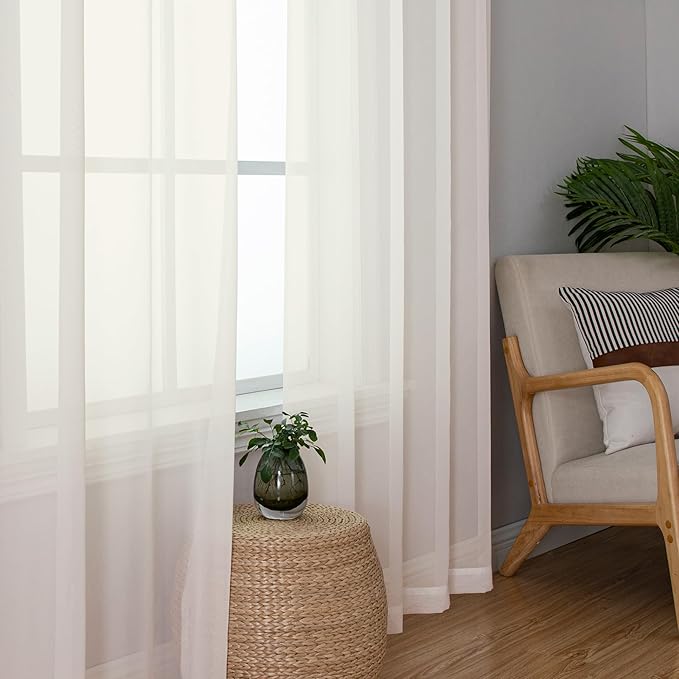 Lecloud Ivory Sheer Curtains 90 Inches Long 2 Panels, Elegant Light Filtering Voile Breathable Curtains, Solid Window Treatments with Dual Rod Pocket for Dining Room Bedroom, Each 42" W x 90" L