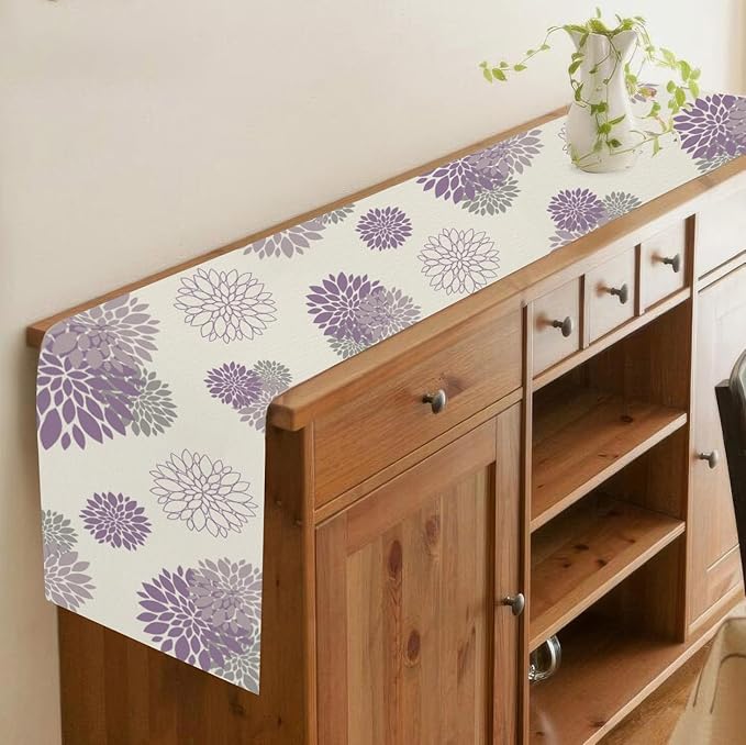 Purple Dahlia Table Runner Modern Elegant Flower Beige Table Runners Geometric Pompon Farmhouse Coffee Table Center Decor for Home Kitchen Dining Party Indoor Outdoor (13x108 Inch)