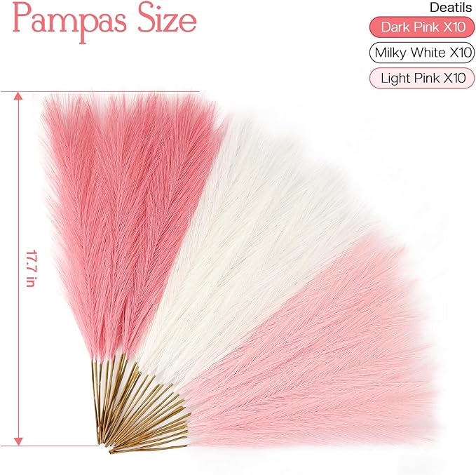 Faux Pampas Grass Decor 17.7 Inch 30pcs, Artificial Pampas Grass Fluffy Home Decor, Short Vase Room Decor pompous Grass Flower Arrangement for Boho Home Wedding Decoration (Blush,Cream,Pink)