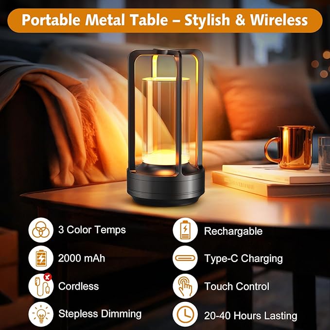 Portable Table Lamp for Outdoor Indoor: Cordless Rechargeable Desk Lamp with 3 Color Stepless Dimmable - Metal Battery Operated Lantern Light for Bedroom/Bar/Coffee Shop/Camping (Black)