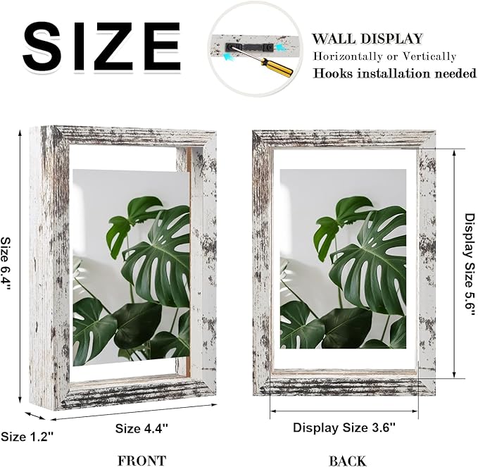 Egofine Distressed White 4x6 Floating Frames Set of 2, Double Plexiglass Picture Frame, Made of Solid Wood Display Any Size Photo up to 4x6, Wall Mount or Tabletop Standing