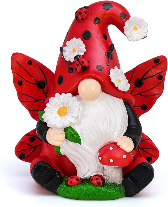 Ladybug Gnome Decorations - Resin Figurines for Spring Kitchen, Summer Garden, Lawn and Outdoor Decor - Gifts for Women