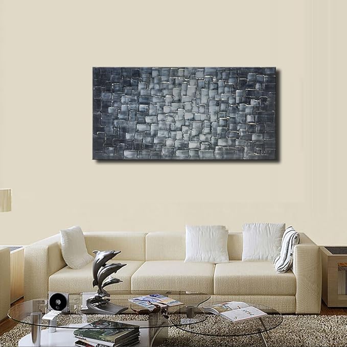MyArton Textured Abstract Squares Canvas Wall Art Hand Painted Modern Silver Oil Painting for Decoration Ready to Hang 48x24inch