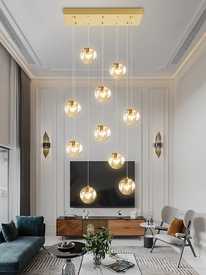 10-Lights Chandeliers for Dining Room Glass Globe Pendant Light Gold Chandeliers Rectangle Pendant Ceiling Light Fixture for Kitchen Island Dining Room Over Table Entryway Lighting Fixture