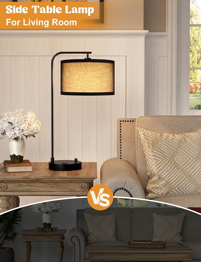 Innqoo Black Tall Table Lamp with USB Port and Outlet, Dimmable Nightstand Bedside Lamps with Linen Lampshade, Desk Lamp for Bedroom, Living Room, Guest Room, Home Office, LED Bulb Included