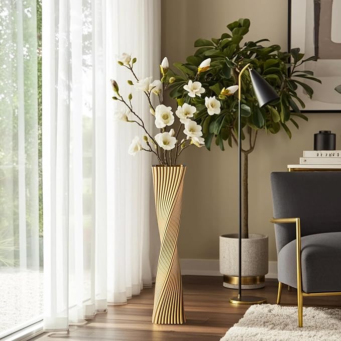 23.6" (60cm) Tall Gold Floor Vase for Pampas Grass, Floor Vases for Modern Geometry Decor - Minimalist Skinny Unique Shape Flower Vase for Farmhouse Entryway, Fireplace,Shelf