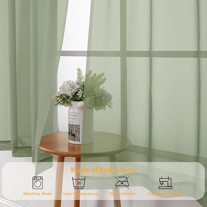 Gwine Sage Green Sheer Curtains 72 Inches Long 2 Panels Set for Front Door, Light Filtering Sheer Curtains for Living Room, Lightweight Rod Pocket Window Treatments Drapes, Each 42" Wx72 L