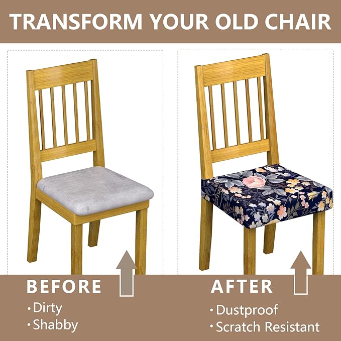 Stretch Dining Chair Seat Covers Set of 4,Dining Chair Slipcovers, Floral Printed Chair Covers,Soft Fabric Washable Upholstered Chair Seat Protector, No Rear Covers for Home Kitchen Dining Room