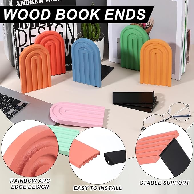 PATIKIL 2Pcs Boho Arch Bookends, Non-Skid Wood Book Ends Rainbow Wooden for Shelves Book Stopper Stand Cute for Holding Books Movie CD Home Office Library Decorative, Light Orange/Red