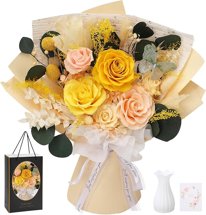 Casaido Preserved Flowers for Delivery, 6 Yellow Roses Bouquet, Birthday Gifts for Women, Christmas Rose Gifts for Mom Wife Girlfriend, Real Flowers for Valentines Day Anniversary