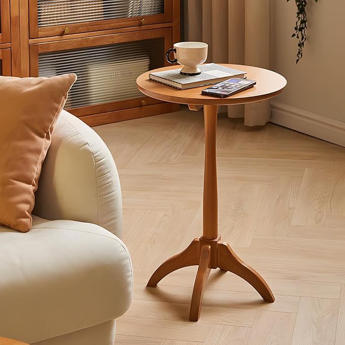 Small Round Side Table, Solid Wood End Table with Adjustable Height, Portable Accent Coffee Table, Nightstand,15.75" Dia.x 23.62" H,(Natural)