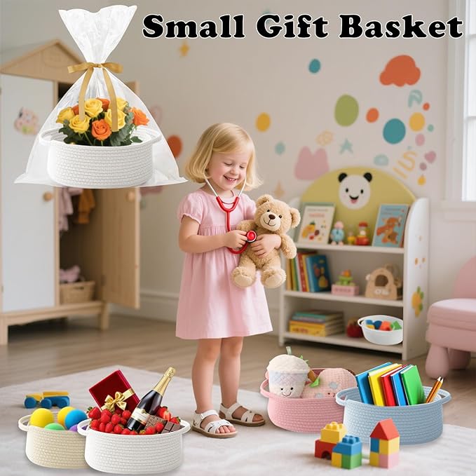 3 Pack Small Woven Rope Basket-Empty Gifts Basket with Bag and Ribbons,Cute Handle Organizer Box for Birthday/Baby Shower, Toy Storage, Nursery Organizing & Shelf Decor(White)