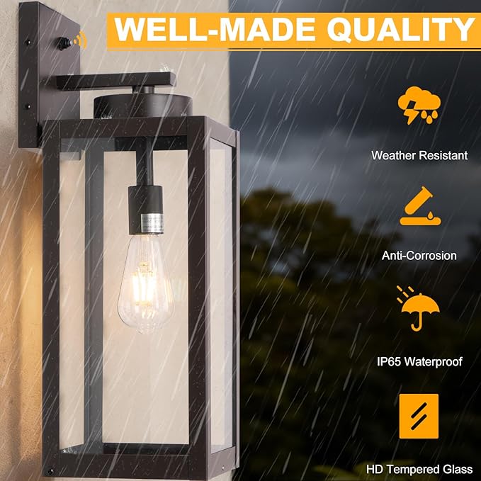 20" Large Dusk to Dawn Outdoor Wall Lantern with Closed Bottom - Oil Rubbed Bronze Outdoor Porch Lantern Wall Mounted, Waterproof Modern Outside Wall Sconce Coach Lamp for House, E26, 2 Packs