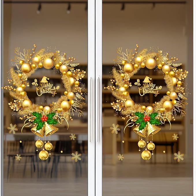 Winter Whole Golden Wreath Clings for Window Large Xmas Wreath Window Stickers Large News Years Decor DIY Static Wall Window Door Mural Showcase Decal Sticker-15.7x23.6 in (1 Pack)