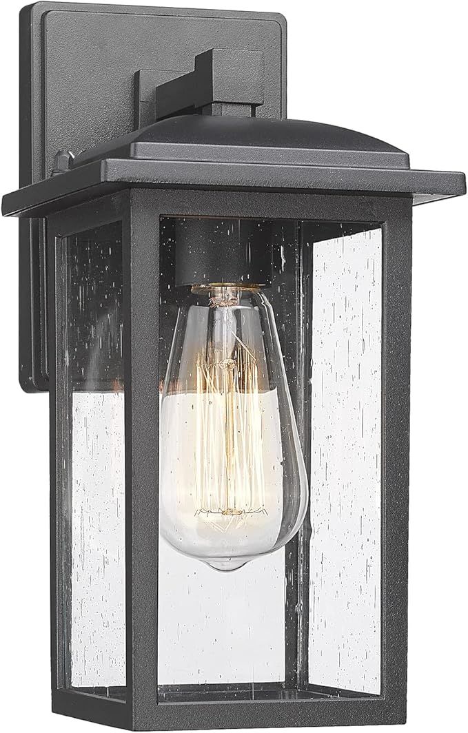 Outdoor Wall Sconce 1 Pack, Exterior Light Lantern Fixture, Porch Lights Lamp Outdoor Wall Mounted in Black Finish with Seeded Glass for House, Garage, Patio, Yard, Garden