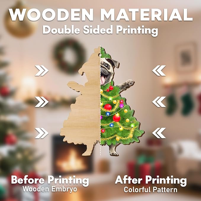 34HD Pug Christmas Ornament 2025 – Wooden Hanging Xmas Tree Ornament Decoration, Cute and Funny Christmas Keepsake Gifts and Home Decor for Dog Lovers and Pet Owners
