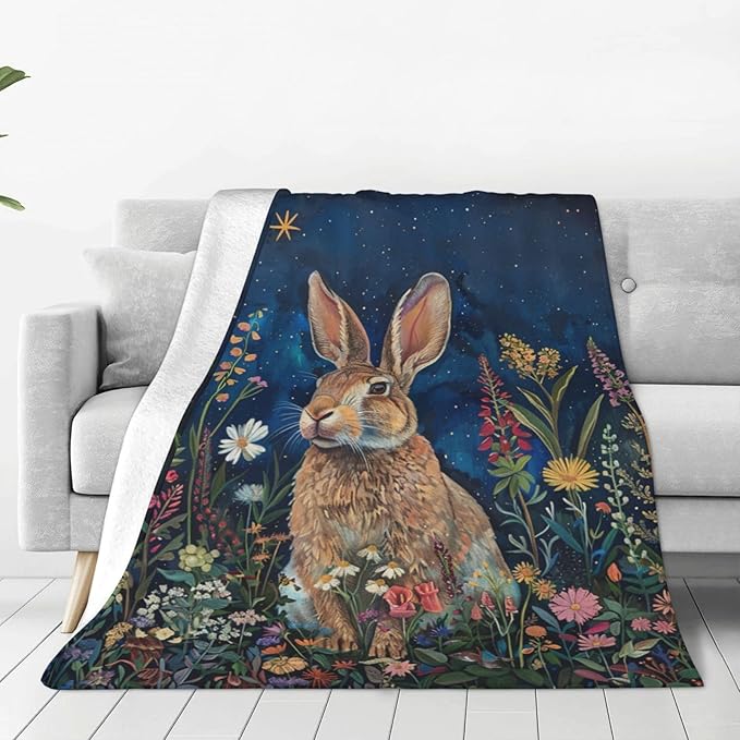 Bunny Throw Blanket Cute Rabbit Floral Decor Blanket Super Cozy Plush Lightweight Soft Plush Flannel Fleece Jungle Animal Forest Blanket Gifts for Girls Boys Kids Women Men for Sofa Bed Couch 60"X80"