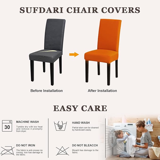 Sufdari Dining Chair Covers,Kitchen Chair Cover,Parsons Chair Slipcover,Spandex Chair Protectors for Dining Room Stretch Chairs Cover Set of 4 -Orange