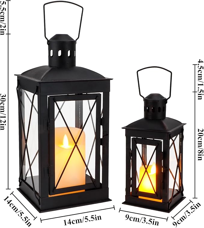 TRIROCKS Set of 2 Decorative Candle Lantern 12'' & 8'' High Metal Candle Holder Hanging Lantern Perfect for Home Decor Patio Living Room Parties Events Tabletop Indoors Outdoors (Black)