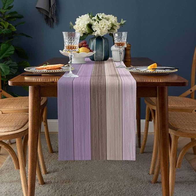 Farmhouse Cotton Linen Table Runner Dresser Scarf Retro Rustic Barn Wood Texture Ombre Lavender Purple Brown Non-Slip Rectangle Settings Decoration for Kitchen Home Dining Holiday,72 inches Long