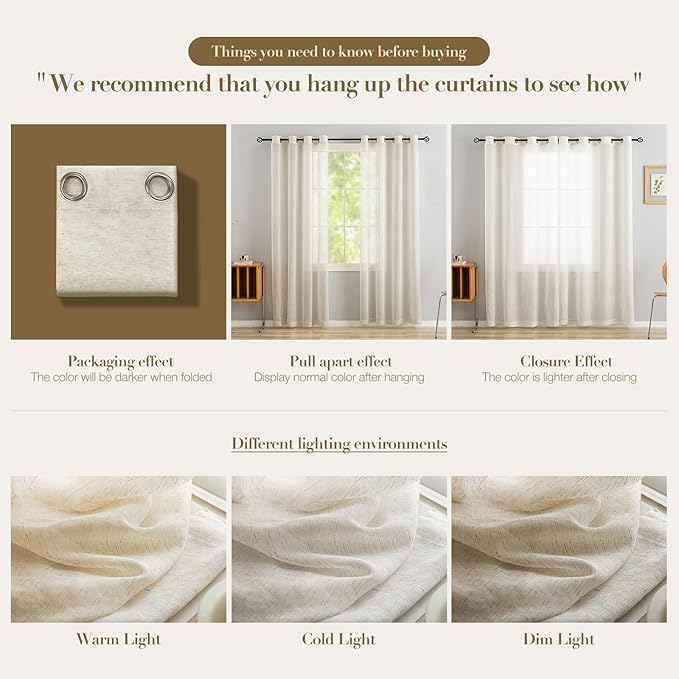 Anmao Flax Linen Curtains for Living Room 90 Inch Length 2 Panels Set, Light Filtering Sheer Window Curtain Drapes for Bedroom with Nickel Grommet, 52 Inch Wide Each Panel, Natural Color