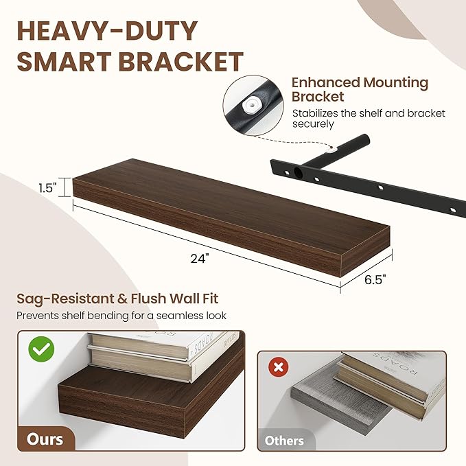 24 Inch Floating Shelves for Wall 2 Pack, 24" Wall Shelves for Books, Storage, Decor, Wall Mounted Floating Shelf with Invisible Brackets for Kitchen, Living Room, Walnut