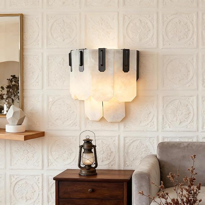 Modern Wall Sconce with Alabaster Shade - Piano Key Design Bathroom Vanity Light for Mirror, Bedroom, Hallway | Hardwired, E12 Bulb, Steel Frame (12" W)