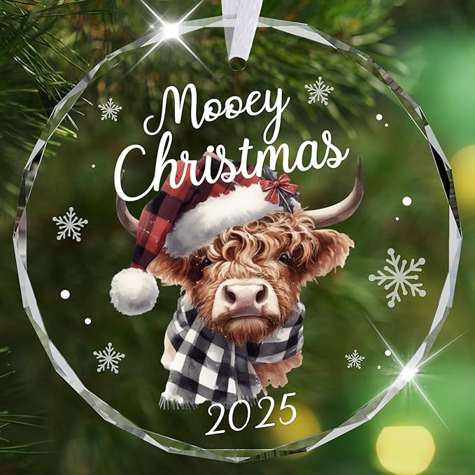 Christmas Ornaments 2025, Highland Cow Ornament for Christmas Tree Rustic Farmhouse Mooey Decorations Western Holiday Decor for Women Bestie Cow Lovers, Glass Christmas Tree Decorations
