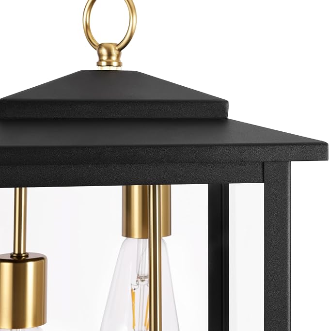 LamQee Large Outdoor Pendant Lights, 3-Lights Black and Gold Outdoor Chandelier Lighting Fixture, Modern Exterior Ceiling Hanging Lantern with Glass, for Porch Front Door Patio Gazebo Entryway Foyer