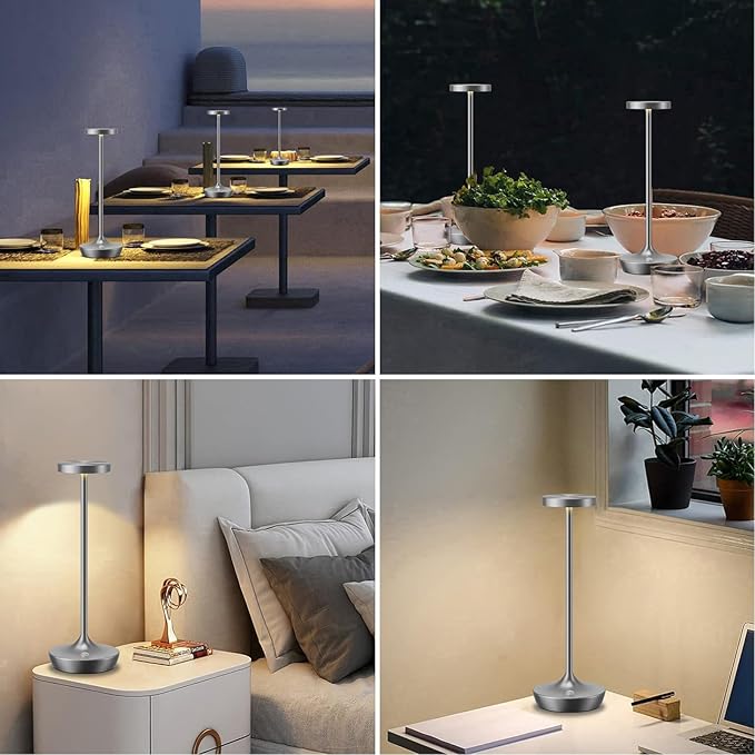 LED Cordless Table Lamp Rechargeable，Outdoor Battery Operated Desk Lamp Touch 3 Color Dimming Portable Waterproof Night Light for Patio/Restaurant/Dining/Home（Chrome