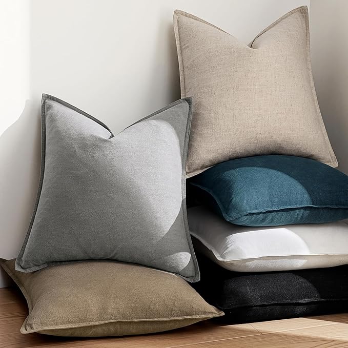 EMEMA Decorative Linen Throw Pillow Covers 24x24 Inch Natural Beige Boho Farmhouse Neutral Couch Throw Pillows for Bed Pack of 2 Accent Pillowcase Modern Sofa Cushion Livingroom Home