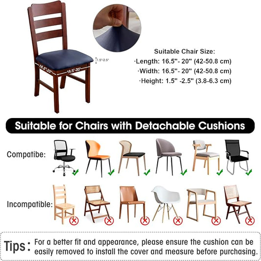 Waterproof PU Leather Seat Covers for Dining Room Chairs Set of 4, Stretch Dining Chair Slipcovers, Kitchen Chair Seat Covers, Non-Slip & Washable (Navy)