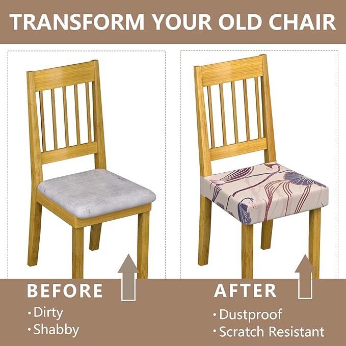 Stretch Dining Chair Seat Covers Set of 2,Dining Chair Slipcovers, Floral Printed Chair Covers,Soft Fabric Washable Upholstered Chair Seat Protector, No Rear Covers for Home Kitchen Dining Room