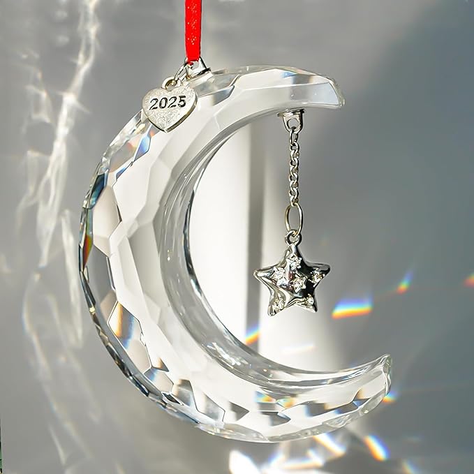 H&D HYALINE & DORA 2025 Christmas Moon Ornament Crystal Christmas Moon Hanging Ornament Clear Crystal Suncatcher Ornament for Xmas Winter Party Home Decor