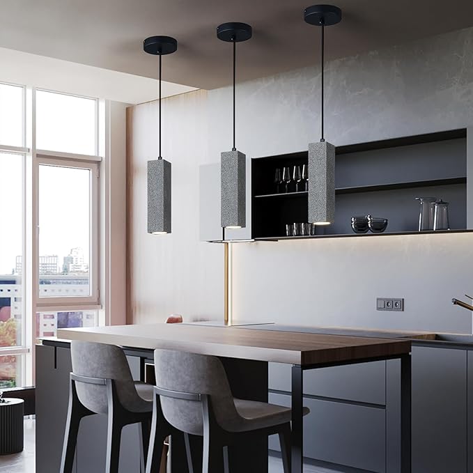 Modern Black Square LED Concrete Pendant Light Kitchen Islandceiling Light Fixture Pendant Lighting for Dining Room Coffee Club Resturant Bar Living Room(2-Pack)