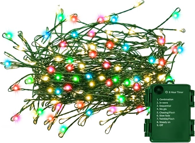 Outdoor Fairy Lights Battery Operated,10 Feet100LED Green Copper Wire Cluster Lights with Timer, Twinkle Firecracker Mini String Light, for Christmas Tree Wreath Wedding,Multicolor