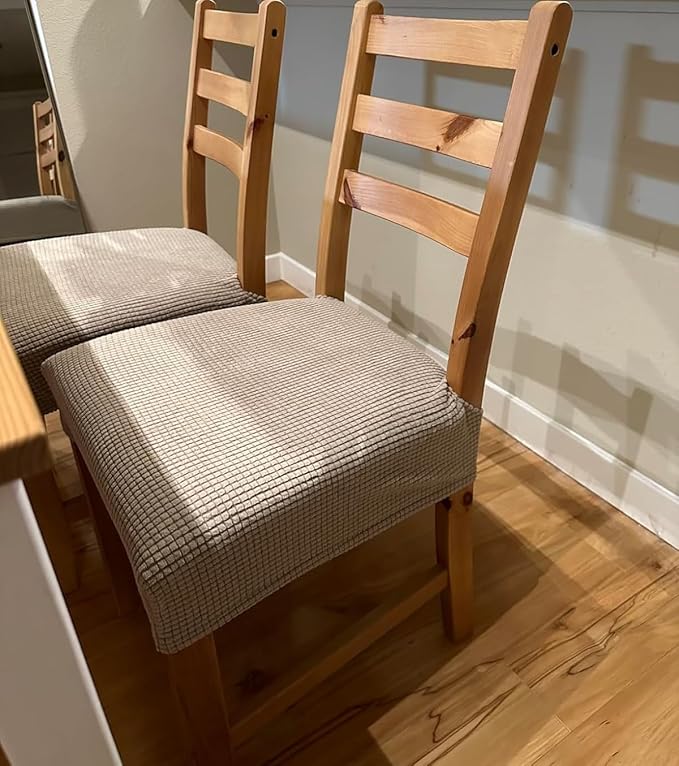 SearchI Stretch Dining Chair Seat Covers Set of 4, Soft Removable Washable Seat Covers for Dining Chairs, Dining Room Seat Cover Protector (Rear-Covered, Waffle Jacquard Taupe)