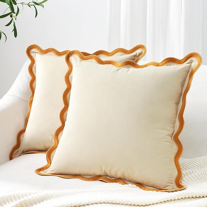 MONDAY MOOSE Decorative Throw Pillow Covers Cushion Cases, Set of 2 Soft Velvet Scalloped Wavy Edge Designs, Mix and Match for Home Decor, Pillow Inserts Not Included (16x16 inch, Honey/Cream)
