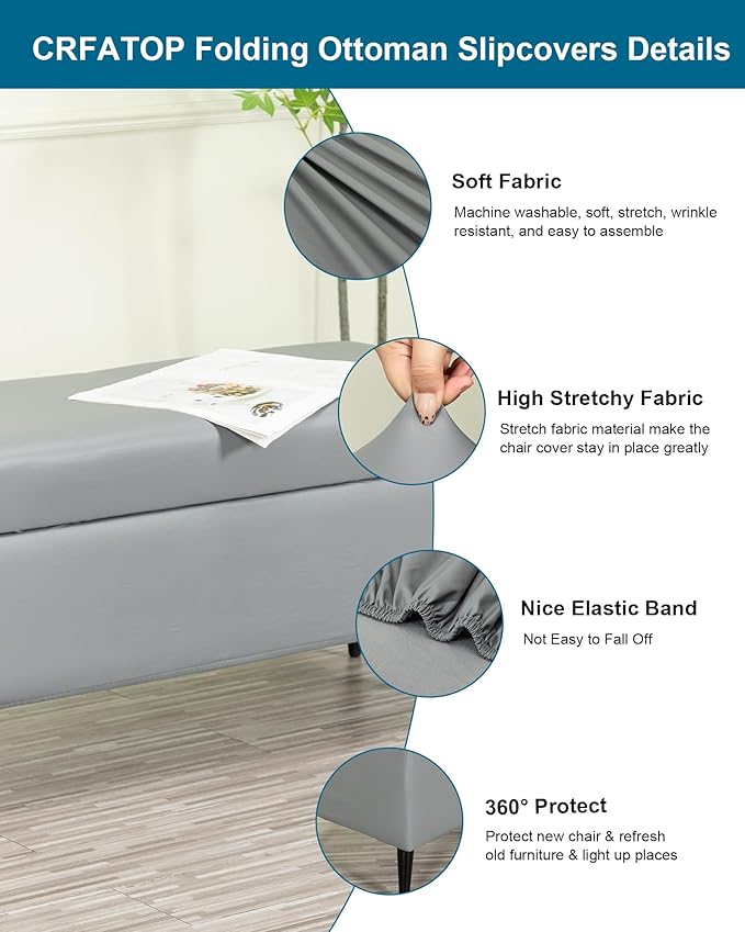 CRFATOP Waterproof PU Ottoman Stool Cover Stretch Folding Storage Footstool Bench Slipcovers Upholstered Foot Chest Chair Covers Washable Entryway Furniture Protector with Elastic Bands,L,Dark Grey