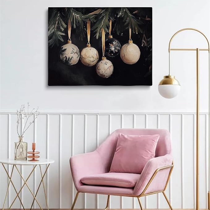 Christmas Tree Gold Ornaments Wall Art,Vintage Ornament Print,Holiday Art Print,Dark Rustic Winter Decor,Festive Gold Holiday Art,Christmas Home Fireplace Decor16x24inchUnframed