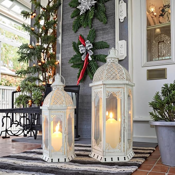JHY DESIGN Set of 2 Decorative Candle Lanterns 22"&17" H Outdoor Vintage Metal Candle Holder for Garden Living Room Indoor Parties Weddings Patio Home Decor(White with Gold Brush)