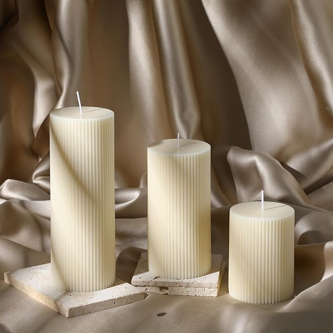 Ribbed Pillar Candles Set of 3, Width 3" High 4" 6" 8" Large Soy Wax Orchids Scented Pillar Candles Aesthetic Ribbed Modern Home Decor for Bathroom Living Room(Cream)