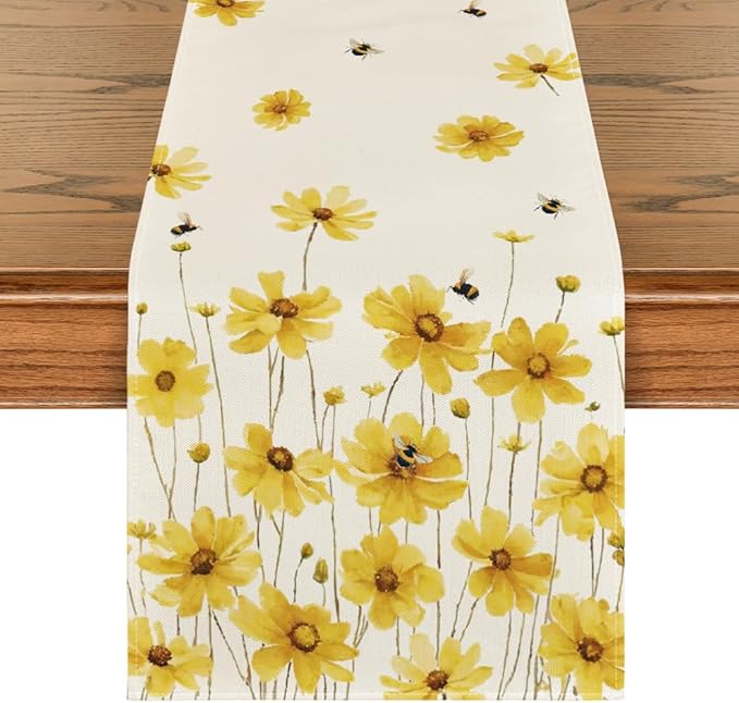 Artoid Mode Yellow Flowers Daisy Bees Summer Table Runner, Seasonal Easter Fall Holiday Kitchen Dining Table Decoration for Home Party Indoor 13x108 Inch