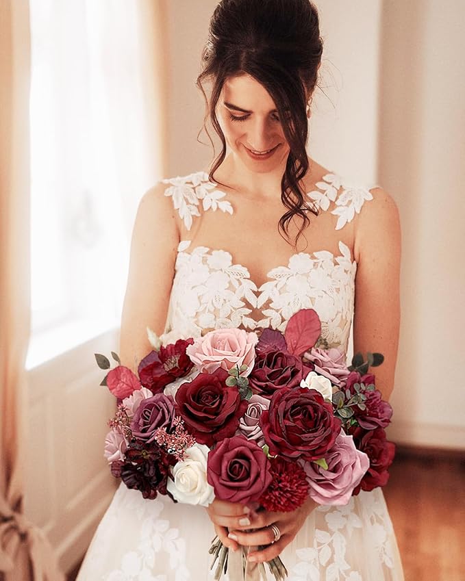 Rose Artificial Flowers Burgundy Fake Flower Bulk for DIY Wedding Bouquets Bridal Baby Shower Centerpiece Table Decorations Silk Faux Floral Arrangements for Party Home Decor Indoor Red Mauve
