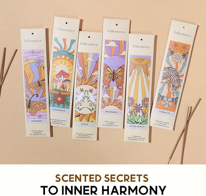 Folkulture Incense Sticks | Pack of 6 (120) Non Toxic Insences with 45 Mins Burn Time | Cinnamon, Espresso | Organic Inscence Sticks | Slow Burning Incensios, Vanilla, Lavender & Chamomile