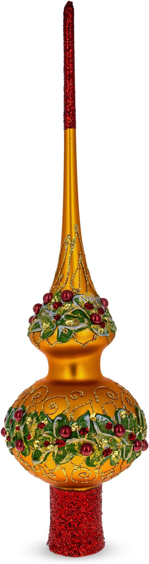 Poinsettia Flowers with Pearls Gold Glass Christmas Tree Topper 11 Inches