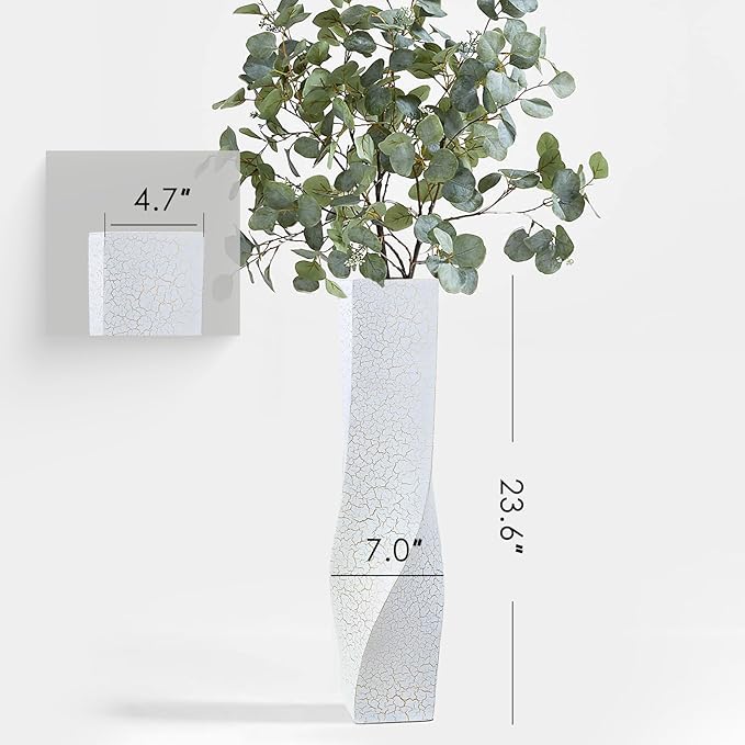 Tall Vases On Floor, 23.62" Twisted Geometric Flower Vase for Home, Living Room, Flower Centerpieces, Shelf, Table, Decor, White Crackle Vase